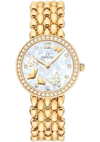 Omega De Ville Prestige Quartz Dewdrop Watch – 27.4 mm Yellow Gold Case – Delicate Diamond-Set Bezel – Red Gold Dial – 424.55.27.60.55.005