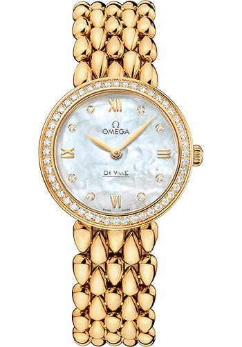 Omega De Ville Prestige Quartz Dewdrop Watch – 27.4 mm Yellow Gold Case – Radiant Diamond-Set Bezel – Mother-Of-Pearl Dial – 424.55.27.60.55.006