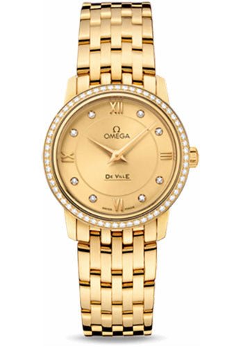 Omega De Ville Prestige Quartz Watch – 27.4 mm Yellow Gold Case – Diamond Bezel – Champagne Diamond Dial – 424.55.27.60.58.001