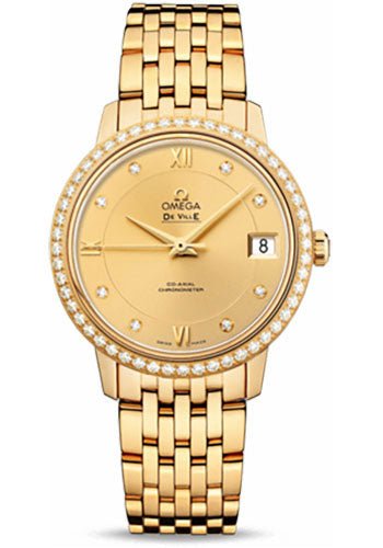 Omega De Ville Prestige Co-Axial Watch – 32.7 mm Yellow Gold Case – Diamond Bezel – Champagne Diamond Dial – 424.55.33.20.58.001