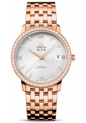 Omega De Ville Prestige Co-Axial Watch – 36.8 mm Red Gold Case – Diamond Bezel – Silver Diamond Dial – 424.55.37.20.52.001