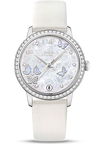 Omega De Ville Prestige Co-Axial Watch – 36.8 mm White Gold Case – Diamond Bezel – Mother-Of-Pearl Diamond Dial – White Leather Strap – 424.57.33.20.55.001