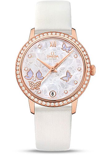 Omega De Ville Prestige Co-Axial Watch – 36.8 mm Red Gold Case – Diamond Bezel – Mother-Of-Pearl Diamond Dial – White Leather Strap – 424.57.33.20.55.002