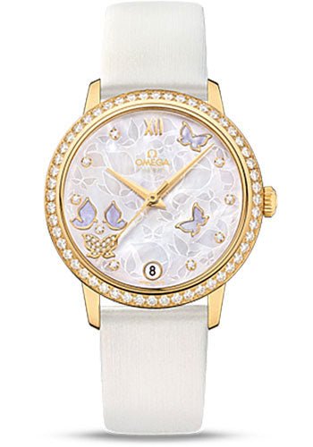 Omega De Ville Prestige Co-Axial Watch – 36.8 mm Yellow Gold Case – Diamond Bezel – Mother-Of-Pearl Diamond Dial – White Leather Strap – 424.57.33.20.55.003