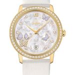 Omega De Ville Prestige Co-Axial Watch – 36.8 mm Yellow Gold Case – Diamond Bezel – Mother-Of-Pearl Diamond Dial – White Leather Strap – 424.57.37.20.55.001