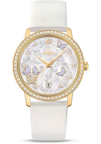 Omega De Ville Prestige Co-Axial Watch – 36.8 mm Yellow Gold Case – Diamond Bezel – Mother-Of-Pearl Diamond Dial – White Leather Strap – 424.57.37.20.55.001
