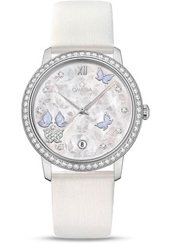 Omega De Ville Prestige Co-Axial Watch – 36.8 mm White Gold Case – Diamond Bezel – Mother-Of-Pearl Diamond Dial – White Leather Strap – 424.57.37.20.55.002