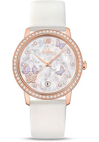Omega De Ville Prestige Co-Axial Watch – 36.8 mm Red Gold Case – Diamond Bezel – Mother-Of-Pearl Diamond Dial – White Leather Strap – 424.57.37.20.55.003