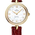 Omega De Ville Prestige Quartz Dewdrop Watch – 27.4 mm Yellow Gold Case – Radiant Diamond Paved Bezel – Mother-Of-Pearl Dial – Red Leather Strap – 424.58.27.60.55.001