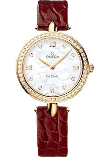 Omega De Ville Prestige Quartz Dewdrop Watch – 27.4 mm Yellow Gold Case – Radiant Diamond Paved Bezel – Mother-Of-Pearl Dial – Red Leather Strap – 424.58.27.60.55.001