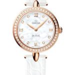 Omega De Ville Prestige Quartz Dewdrop Watch – 27.4 mm Red Gold Case – Radiant Diamond Paved Bezel – Mother-Of-Pearl Dial – White Leather Strap – 424.58.27.60.55.002