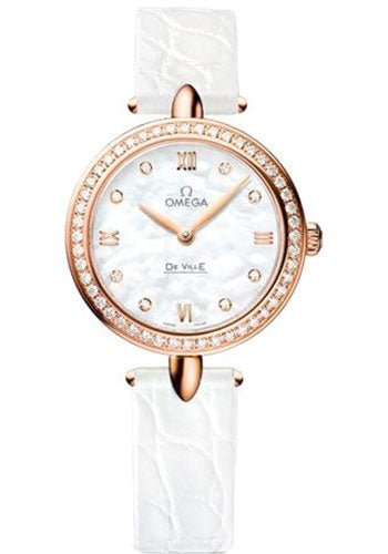 Omega De Ville Prestige Quartz Dewdrop Watch – 27.4 mm Red Gold Case – Radiant Diamond Paved Bezel – Mother-Of-Pearl Dial – White Leather Strap – 424.58.27.60.55.002