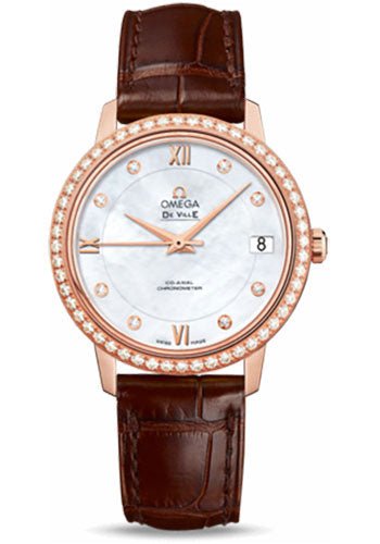 Omega De Ville Prestige Co-Axial Watch – 32.7 mm Red Gold Case – Diamond Bezel – Mother-Of-Pearl Diamond Dial – Brown Leather Strap – 424.58.33.20.55.001