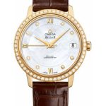 Omega De Ville Prestige Co-Axial Watch – 32.7 mm Yellow Gold Case – Diamond Bezel – Mother-Of-Pearl Diamond Dial – Brown Leather Strap – 424.58.33.20.55.002