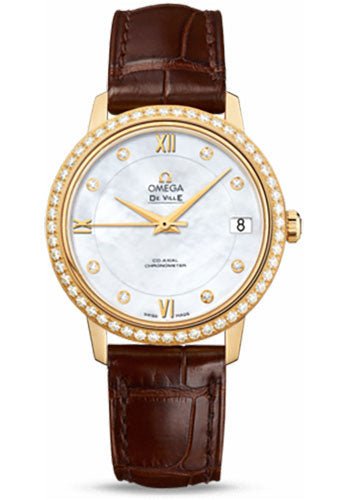 Omega De Ville Prestige Co-Axial Watch – 32.7 mm Yellow Gold Case – Diamond Bezel – Mother-Of-Pearl Diamond Dial – Brown Leather Strap – 424.58.33.20.55.002