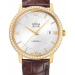Omega De Ville Prestige Co-Axial Watch – 39.5 mm Yellow Gold Case – Diamond Bezel – Silver Diamond Dial – Brown Leather Strap – 424.58.40.20.52.001