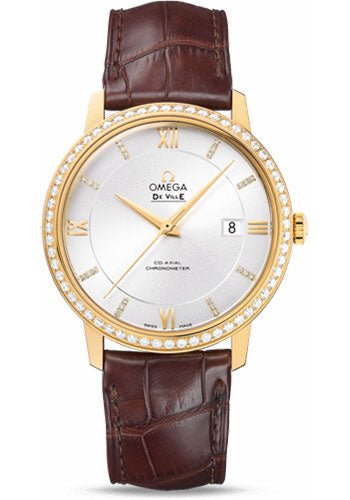 Omega De Ville Prestige Co-Axial Watch – 39.5 mm Yellow Gold Case – Diamond Bezel – Silver Diamond Dial – Brown Leather Strap – 424.58.40.20.52.001