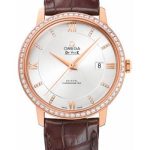 Omega De Ville Prestige Co-Axial Watch – 39.5 mm Red Gold Case – Diamond Bezel – Silver Diamond Dial – Brown Leather Strap – 424.58.40.20.52.002