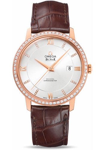 Omega De Ville Prestige Co-Axial Watch – 39.5 mm Red Gold Case – Diamond Bezel – Silver Diamond Dial – Brown Leather Strap – 424.58.40.20.52.002