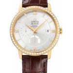 Omega De Ville Prestige Power Reserver Co-Axial Watch – 39.5 mm Yellow Gold Case – Diamond Bezel – Silver Diamond Dial – Brown Leather Strap – 424.58.40.21.52.001