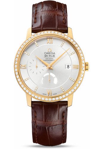 Omega De Ville Prestige Power Reserver Co-Axial Watch – 39.5 mm Yellow Gold Case – Diamond Bezel – Silver Diamond Dial – Brown Leather Strap – 424.58.40.21.52.001