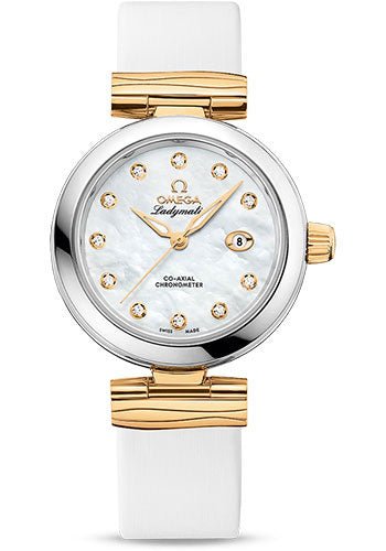 Omega De Ville Ladymatic Omega Co-Axial Watch – 34 mm Steel Case – White Diamond Dial – White Leather Strap – 425.22.34.20.55.003