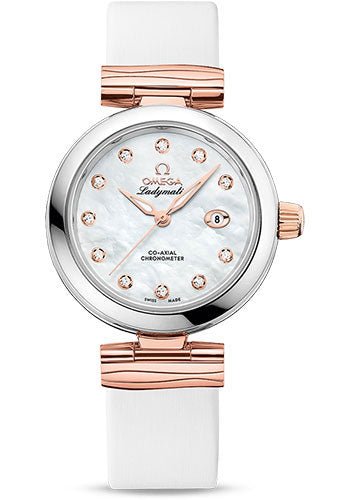 Omega De Ville Ladymatic Omega Co-Axial Watch – 34 mm Steel – Sedna Gold Case – White Diamond Dial – White Leather Strap – 425.22.34.20.55.004