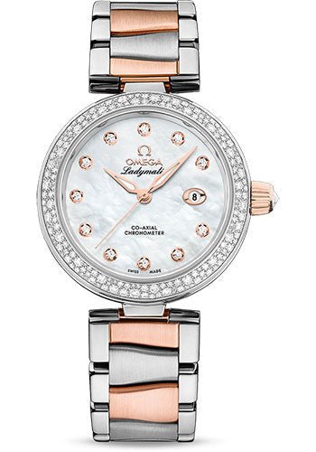 Omega De Ville Ladymatic Omega Co-Axial Watch – 34 mm Steel – Sedna Gold Case – White Diamond Dial – Sedna Gold Bracelet – 425.25.34.20.55.004
