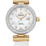 Omega De Ville Ladymatic Omega Co-Axial Watch – 34 mm Steel – Yellow Gold Case – Diamond Bezel – White Diamond Dial – White Leather Strap – 425.27.34.20.55.003
