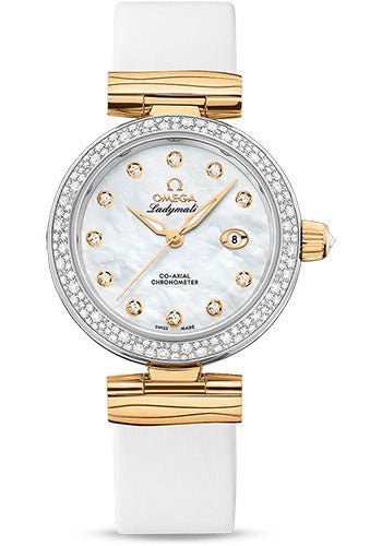 Omega De Ville Ladymatic Omega Co-Axial Watch – 34 mm Steel – Yellow Gold Case – Diamond Bezel – White Diamond Dial – White Leather Strap – 425.27.34.20.55.003