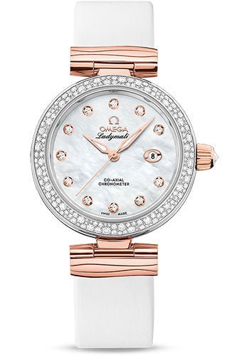 Omega De Ville Ladymatic Omega Co-Axial Watch – 34 mm Steel – Sedna Gold Case – Diamond Bezel – White Diamond Dial – White Leather Strap – 425.27.34.20.55.004