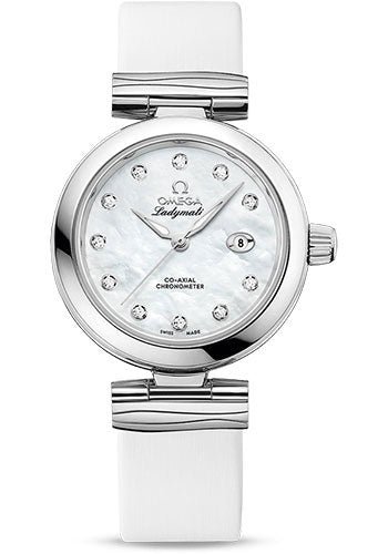 Omega De Ville Ladymatic Omega Co-Axial Watch – 34 mm Steel Case – White Diamond Dial – White Leather Strap – 425.32.34.20.55.002
