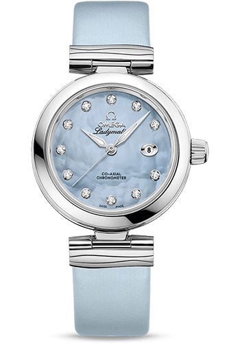 Omega De Ville Ladymatic Omega Co-Axial Watch – 34 mm Steel Case – Blue Diamond Dial – Blue Leather Strap – 425.32.34.20.57.003