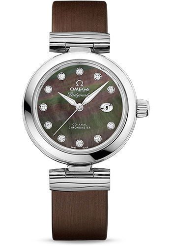 Omega De Ville Ladymatic Omega Co-Axial Watch – 34 mm Steel Case – Black Diamond Dial – Brown Leather Strap – 425.32.34.20.57.004