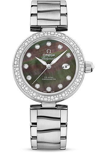 Omega De Ville Ladymatic Omega Co-Axial Watch – 34 mm Steel Case – Diamond Bezel – Black Diamond Dial – 425.35.34.20.57.004