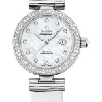 Omega De Ville Ladymatic Omega Co-Axial Watch – 34 mm Steel Case – Diamond Bezel – White Diamond Dial – White Leather Strap – 425.37.34.20.55.002