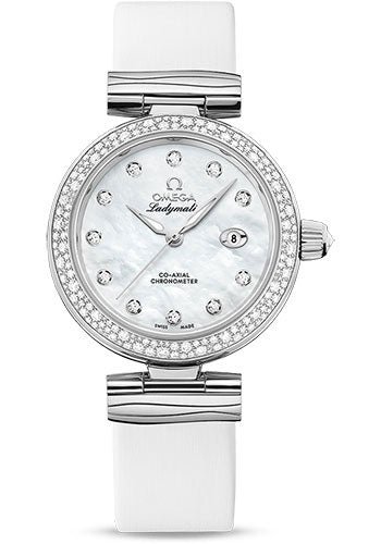 Omega De Ville Ladymatic Omega Co-Axial Watch – 34 mm Steel Case – Diamond Bezel – White Diamond Dial – White Leather Strap – 425.37.34.20.55.002