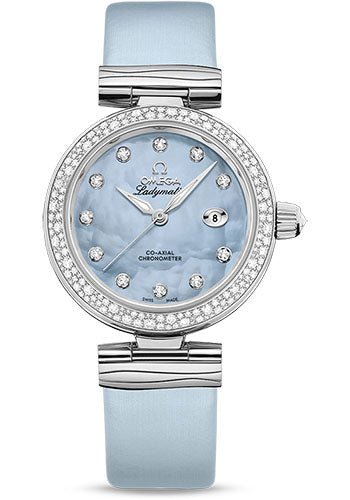 Omega De Ville Ladymatic Omega Co-Axial Watch – 34 mm Steel Case – Diamond Bezel – Blue Diamond Dial – Blue Leather Strap – 425.37.34.20.57.003