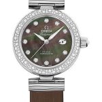 Omega De Ville Ladymatic Omega Co-Axial Watch – 34 mm Steel Case – Diamond Bezel – Black Diamond Dial – Grey Leather Strap – 425.37.34.20.57.004