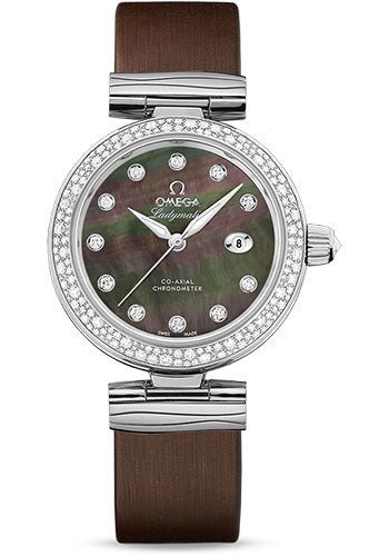 Omega De Ville Ladymatic Omega Co-Axial Watch – 34 mm Steel Case – Diamond Bezel – Black Diamond Dial – Grey Leather Strap – 425.37.34.20.57.004