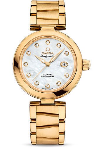 Omega De Ville Ladymatic Omega Co-Axial Watch – 34 mm Yellow Gold Case – White Diamond Dial – 425.60.34.20.55.003