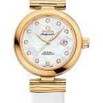 Omega De Ville Ladymatic Omega Co-Axial Watch – 34 mm Yellow Gold Case – White Diamond Dial – White Leather Strap – 425.62.34.20.55.003