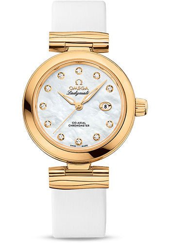 Omega De Ville Ladymatic Omega Co-Axial Watch – 34 mm Yellow Gold Case – White Diamond Dial – White Leather Strap – 425.62.34.20.55.003