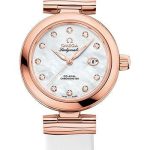 Omega De Ville Ladymatic Omega Co-Axial Watch – 34 mm Sedna Gold Case – White Diamond Dial – White Leather Strap – 425.62.34.20.55.004