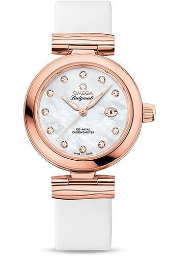 Omega De Ville Ladymatic Omega Co-Axial Watch – 34 mm Sedna Gold Case – White Diamond Dial – White Leather Strap – 425.62.34.20.55.004