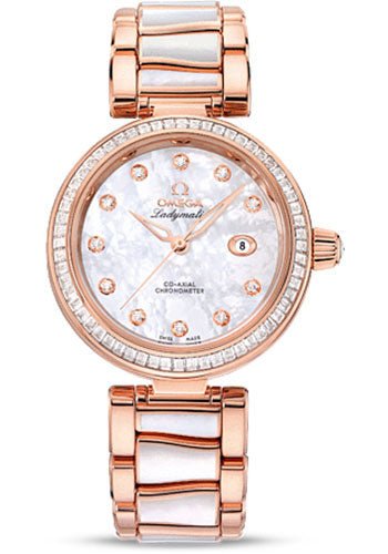 Omega De Ville Ladymatic Omega Co-Axial Watch – 34 mm Sedna Red Gold Case – Diamond Bezel – Mother-Of-Pearl Diamond Dial – Sedna Gold Bracelet – 425.65.34.20.55.007