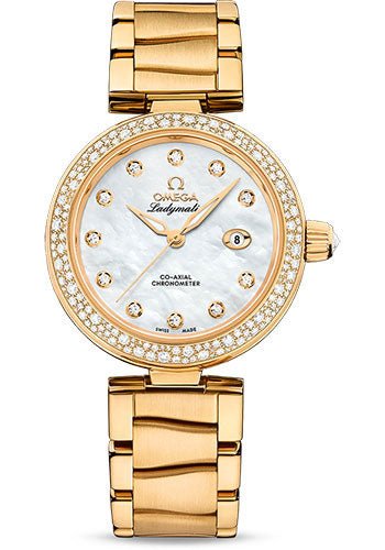 Omega De Ville Ladymatic Omega Co-Axial Watch – 34 mm Yellow Gold Case – White Diamond Dial – 425.65.34.20.55.009