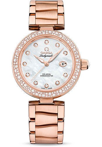 Omega De Ville Ladymatic Omega Co-Axial Watch – 34 mm Sedna Gold Case – Diamond Bezel – White Diamond Dial – 425.65.34.20.55.010