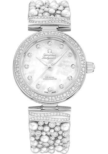 Omega De Ville Ladymatic Omega Co-Axial – 34 mm White Gold Case – Diamond Bezel – White Pearled Mother-Of-Pearl Diamond Dial – 425.65.34.20.55.013
