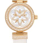 Omega Ladies De Ville Ladymatic Watch – 34 mm Yellow Gold Case – Snow-Set Diamond Paved Bezel – Mother-Of-Pearl Marquetry Diamond Dial – White Leather Strap – 425.67.34.20.55.005